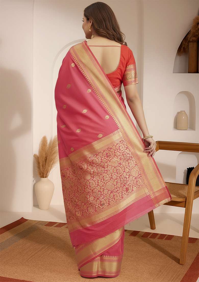 Pink Woven Design Silk Blend Saree Set - Indya