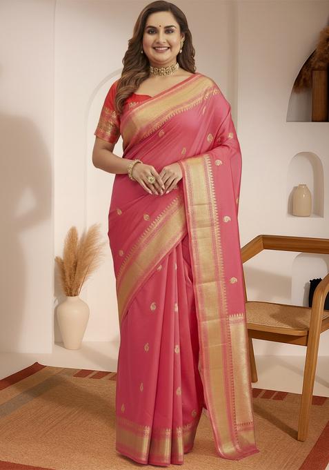 Pink Woven Design Silk Saree Set