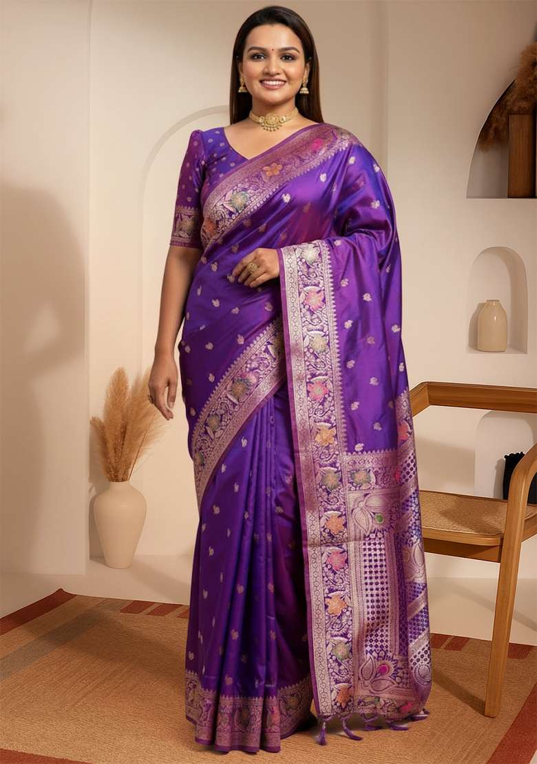 Violet Zari Woven Silk Blend Saree Set - Indya
