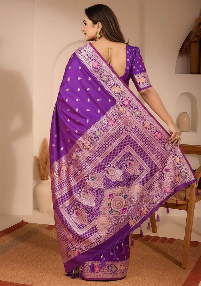 Violet Zari Woven Silk Blend Saree Set - Indya