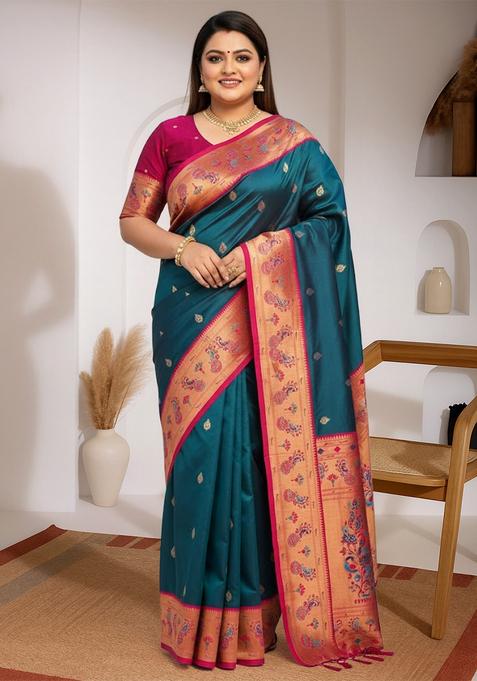 Blue Zari Woven Silk Saree Set
