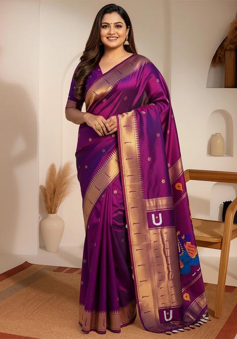 Purple Zari Woven Silk Saree Set