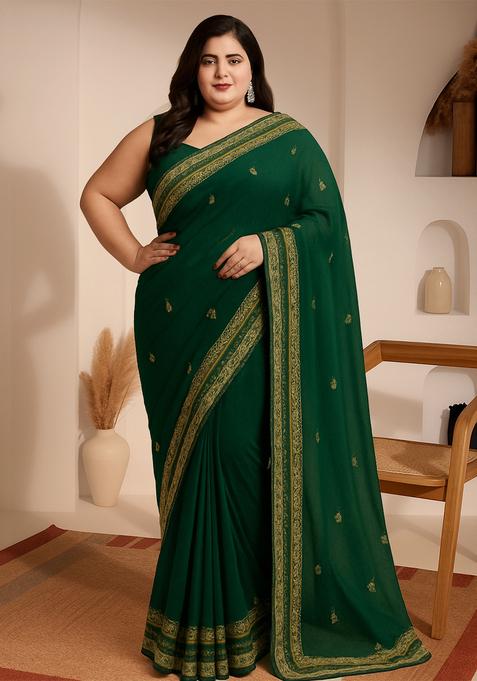 Green Embroidered Silk Saree Set