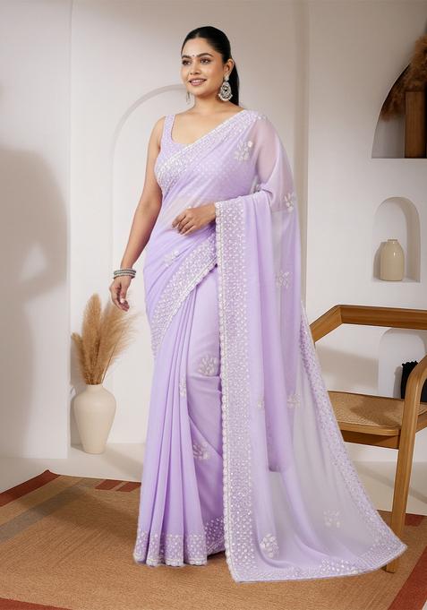 Lavender Embroidered Georgette Saree Set