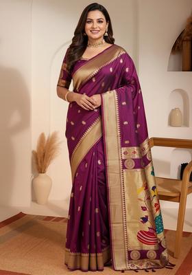 Wine Woven Design Silk Saree Set