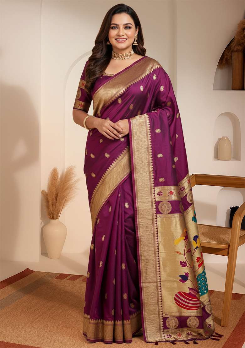 Wine Woven Design Silk Saree Set - Indya