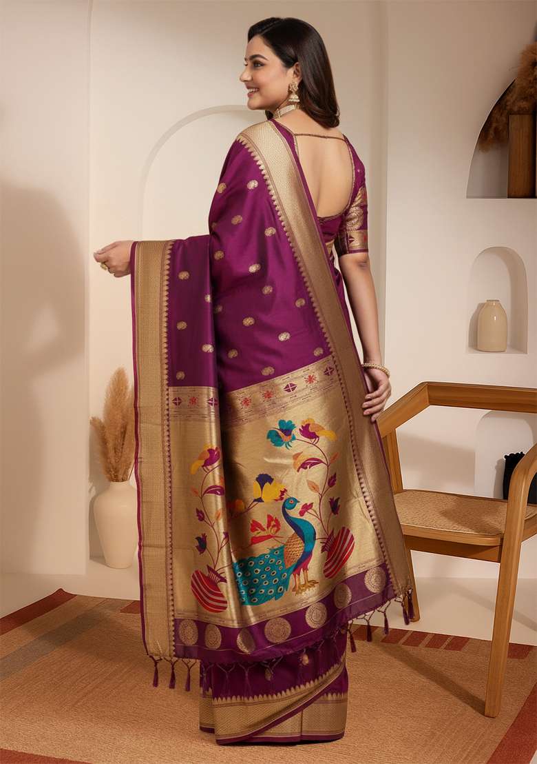 Wine Woven Design Silk Saree Set - Indya
