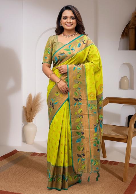 Green Woven Design Silk Saree Set