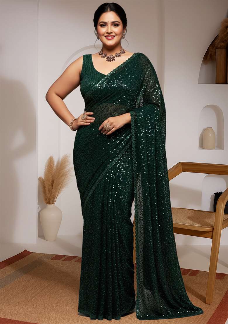 Deep Green Embroidered Georgette Saree Set - Indya