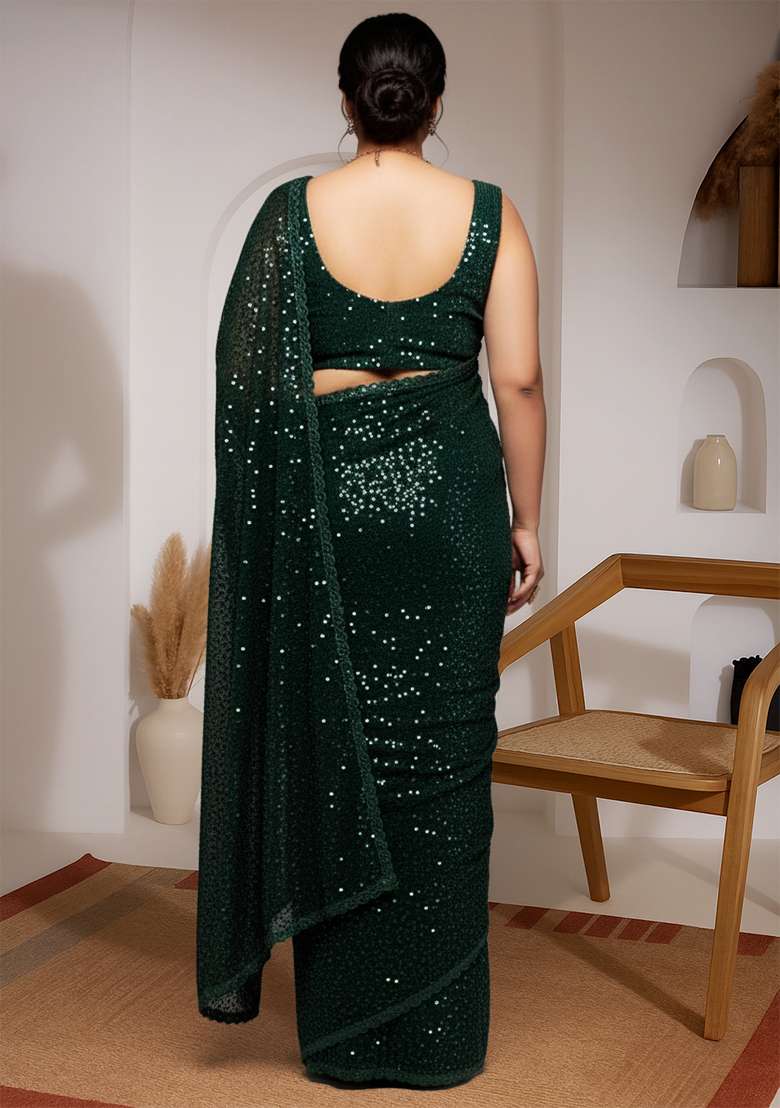 Deep Green Embroidered Georgette Saree Set - Indya