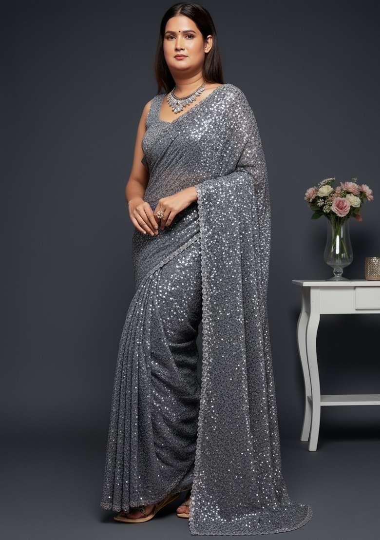 Grey Embroidered Georgette Saree Set - Indya