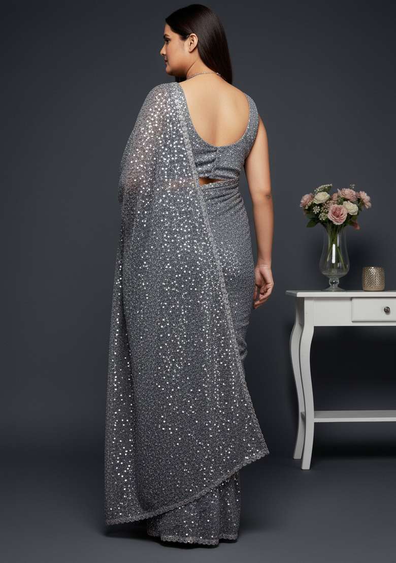 Grey Embroidered Georgette Saree Set - Indya