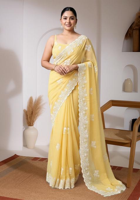 Yellow Embroidered Shimmer Saree Set