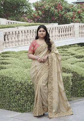 Beige Embroidered Woven Saree Set