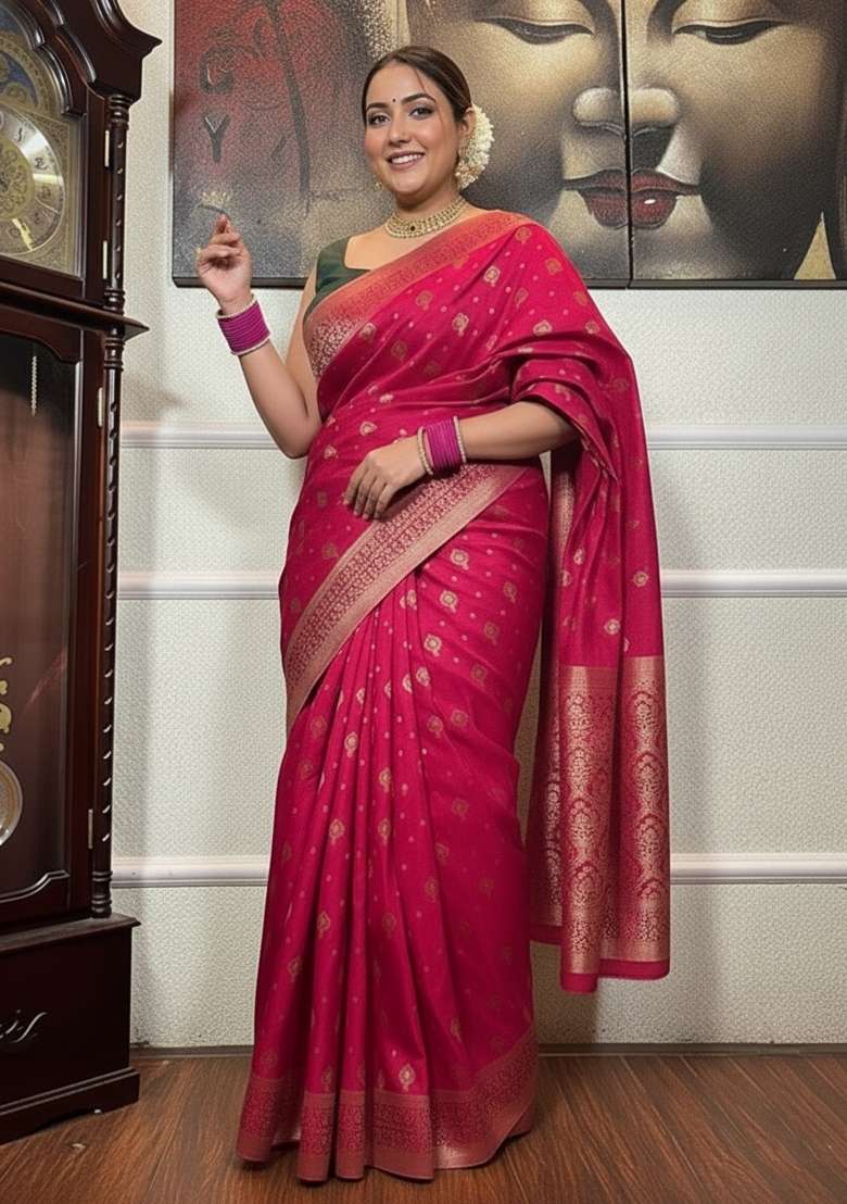 Pink Motif Silk Blend Saree Set - Indya