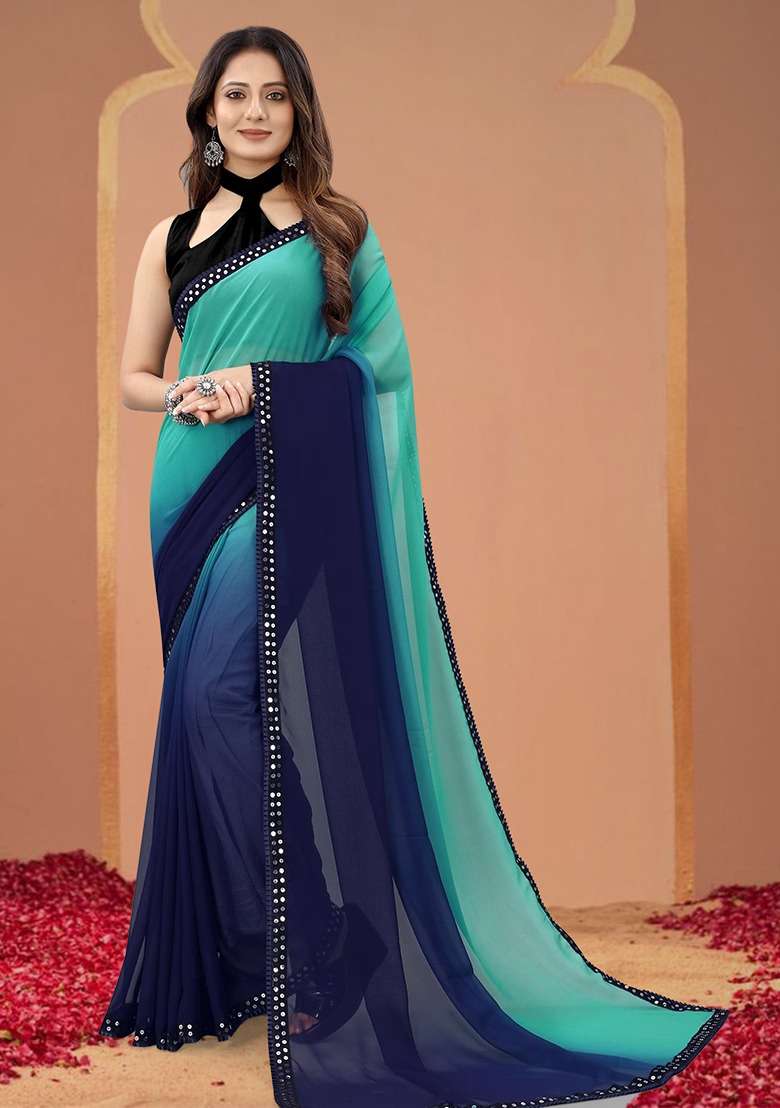 Navy Blue Padding Georgette Saree Set - Indya