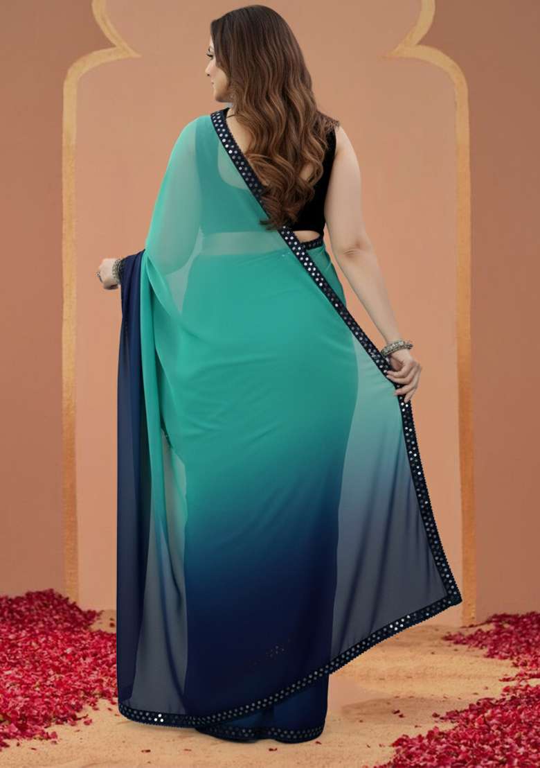 Navy Blue Padding Georgette Saree Set - Indya