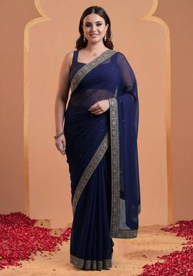 Blue Embroidery Georgette Saree Set