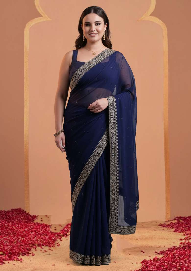 Blue Embroidery Georgette Saree Set - Indya
