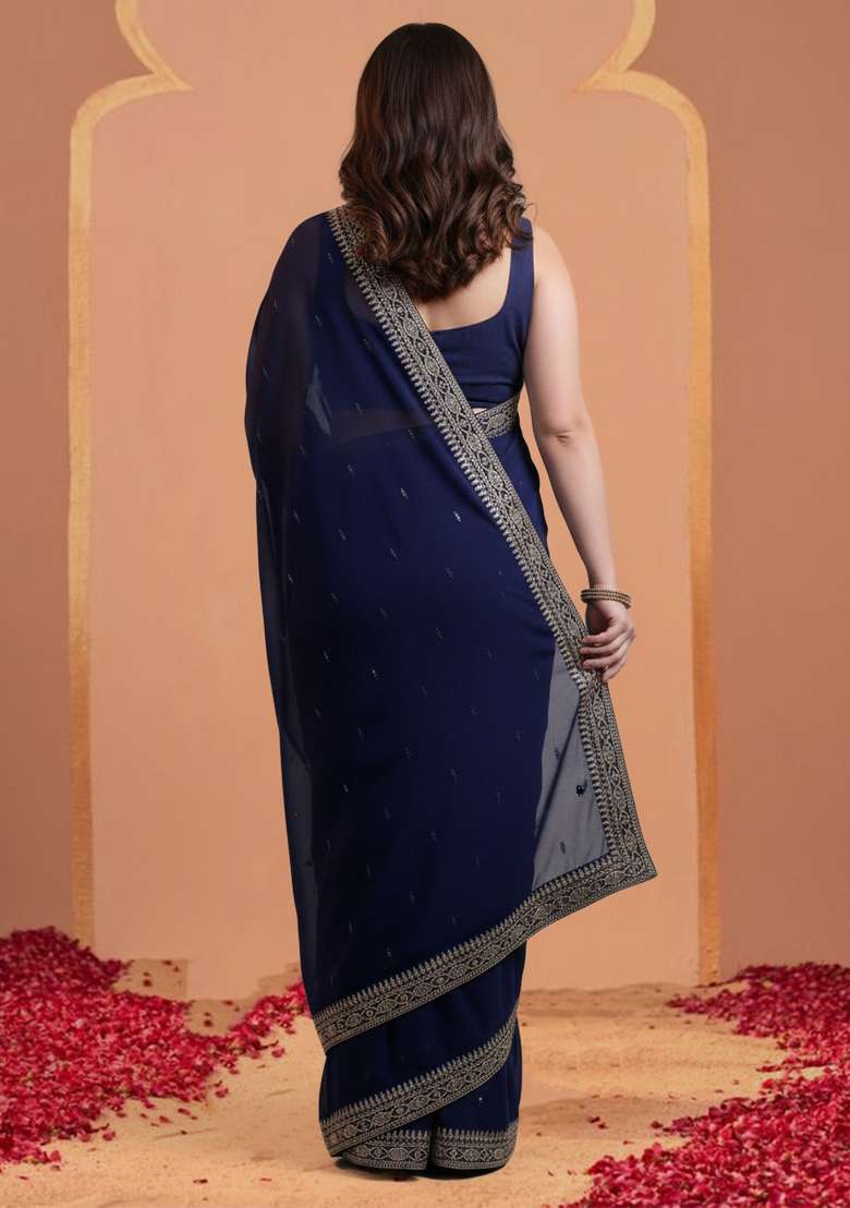 Blue Embroidery Georgette Saree Set - Indya