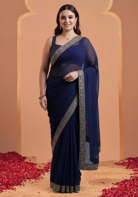 Blue Embroidery Georgette Saree Set