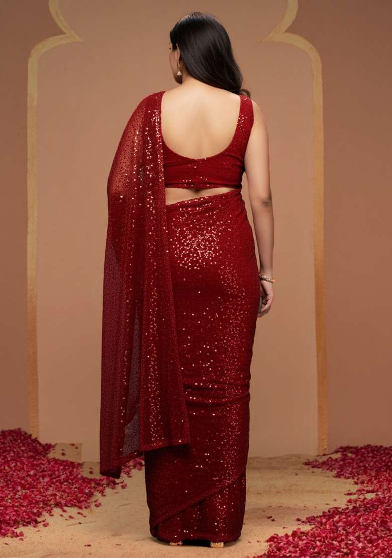 Ruby Red Embroidery Motif Saree Set - Indya