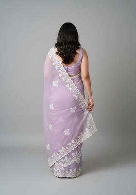 Lavender Embroidered Woven Saree Set