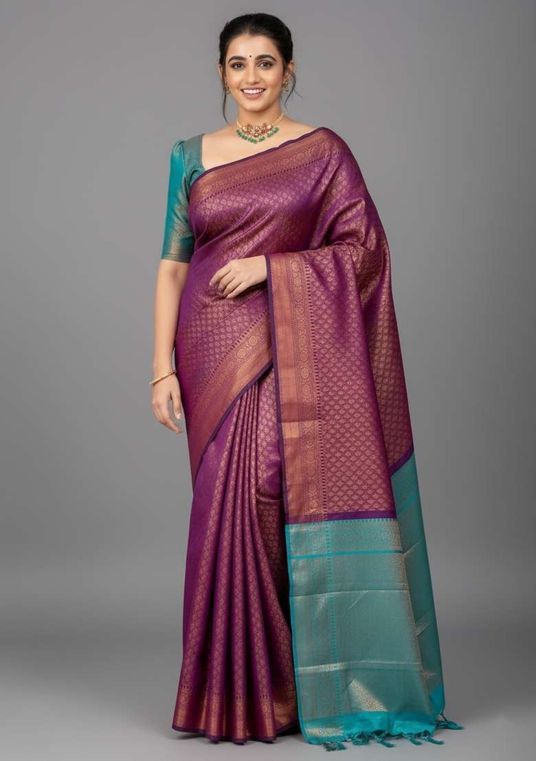 Wine Motif Silk Blend Saree Set - Indya
