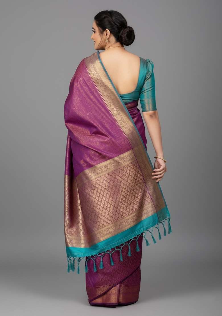 Wine Motif Silk Blend Saree Set - Indya