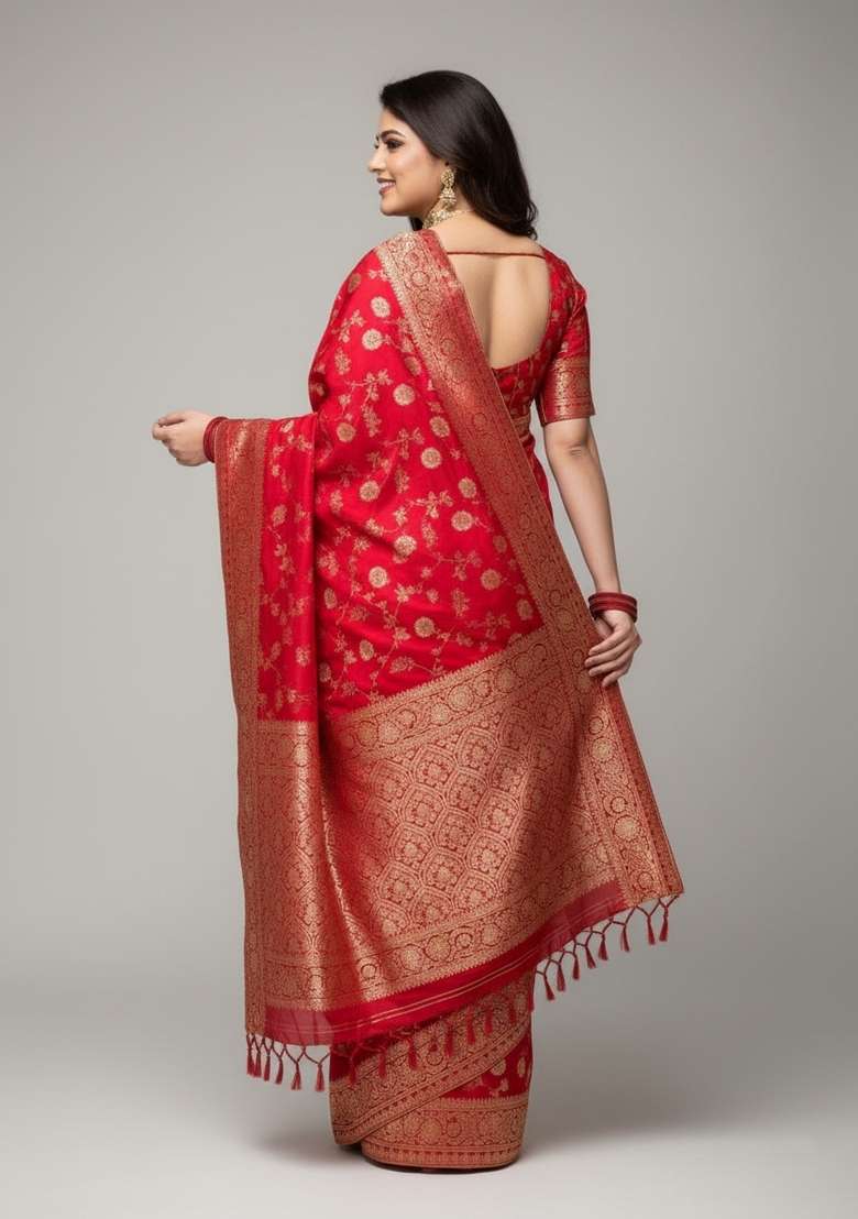Red Motif Silk Blend Saree Set - Indya