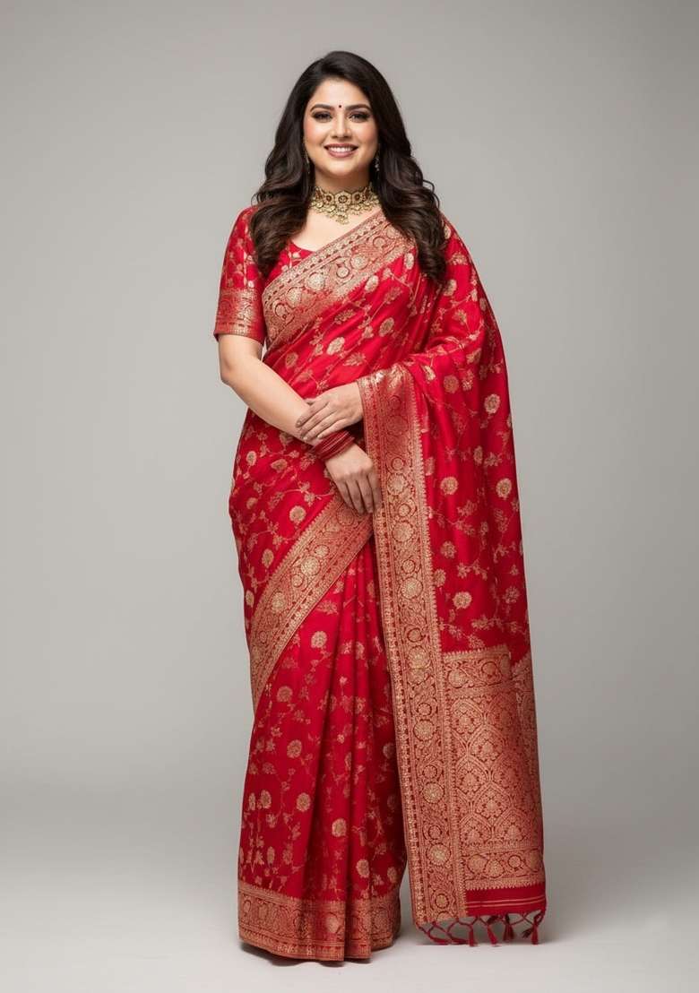 Red Motif Silk Blend Saree Set - Indya