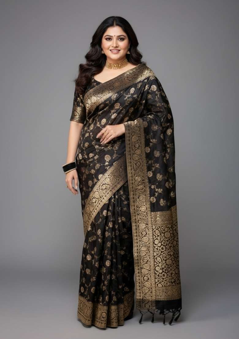 Black Motif Silk Blend Saree Set - Indya