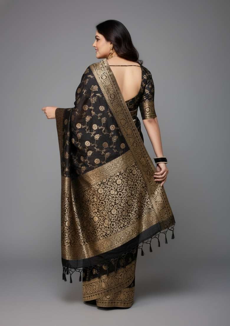 Black Motif Silk Blend Saree Set - Indya