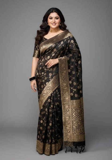 Black Motif Silk Saree Set
