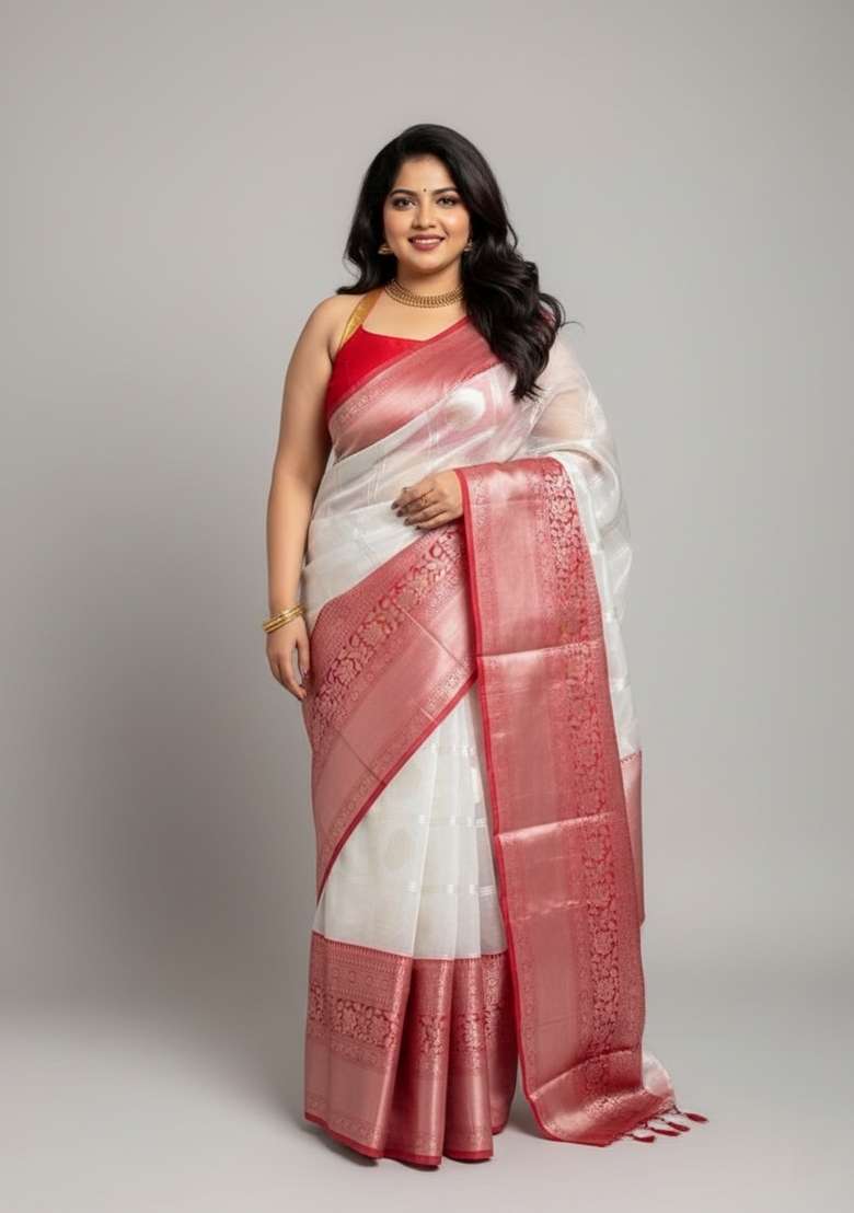 White Motif Silk Blend Saree Set - Indya