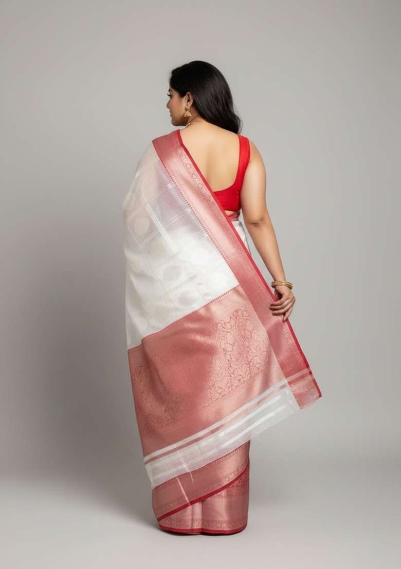 White Motif Silk Blend Saree Set - Indya