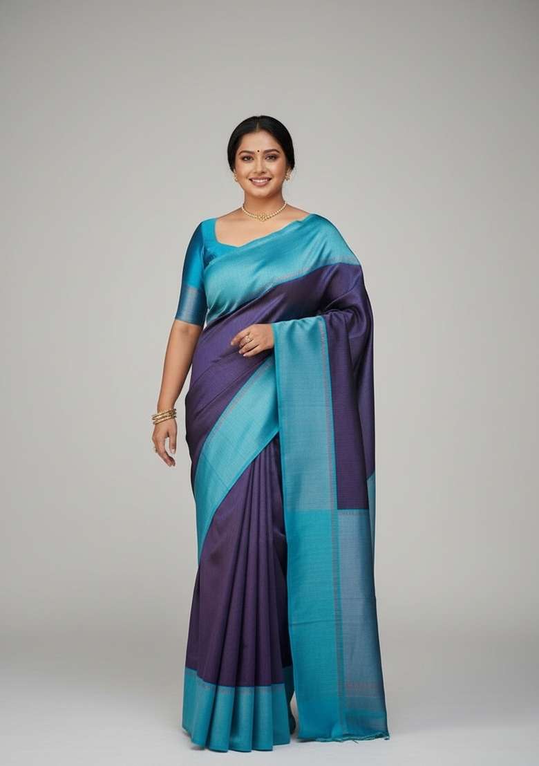 Blue Motif Silk Blend Saree Set - Indya