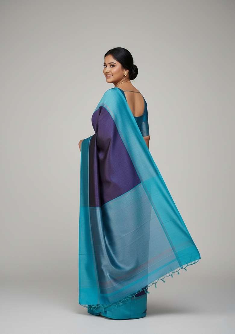 Blue Motif Silk Blend Saree Set - Indya