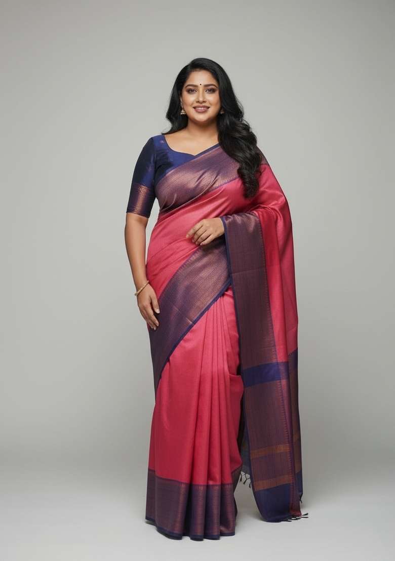 Pink Motif Silk Blend Saree Set - Indya