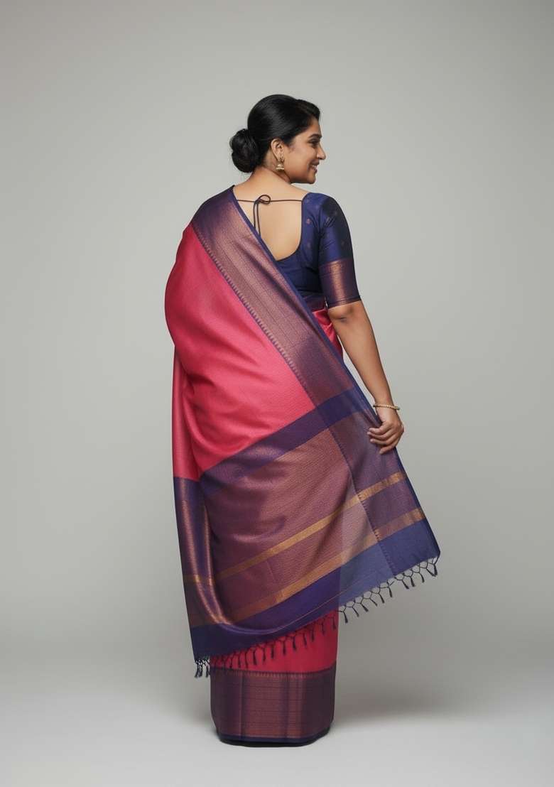 Pink Motif Silk Blend Saree Set - Indya