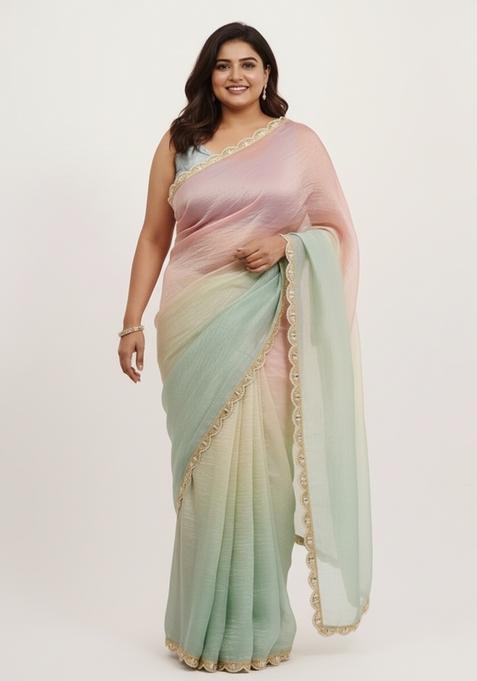 Pink Embellished Tissue Saree Set