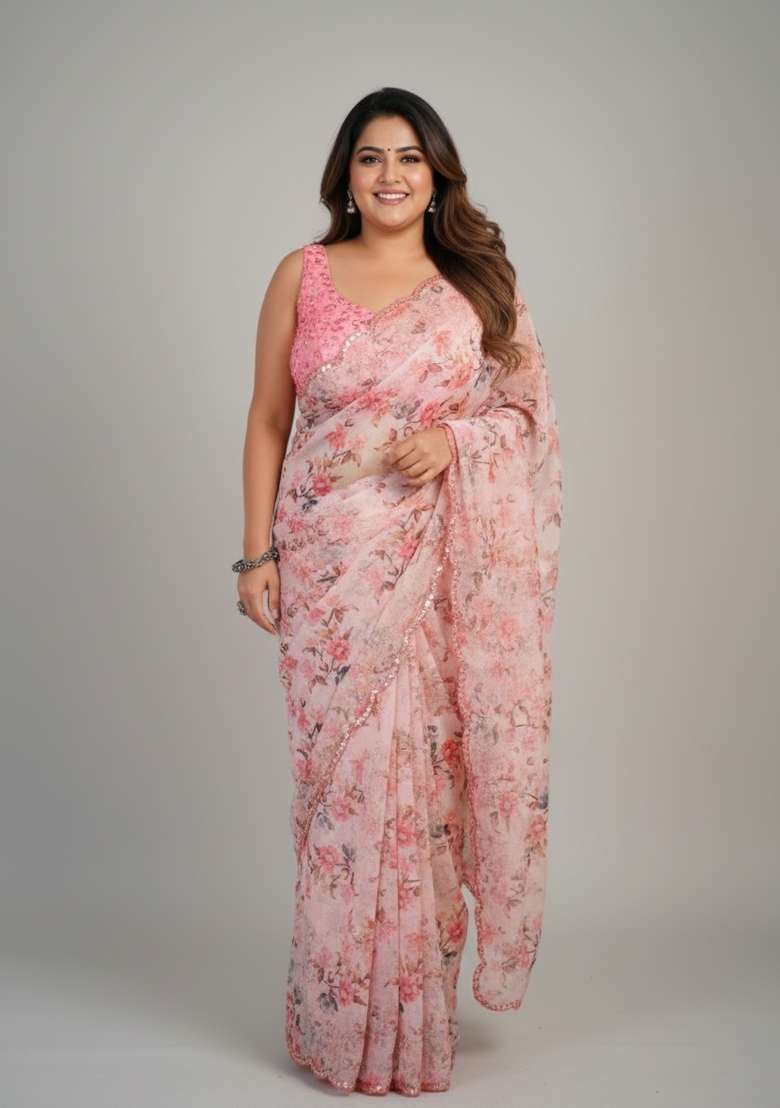 Multi Color Printed Chinon Saree Set - Indya