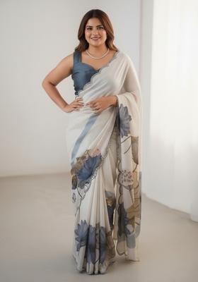 Multi Color Printed Chinon Saree Set