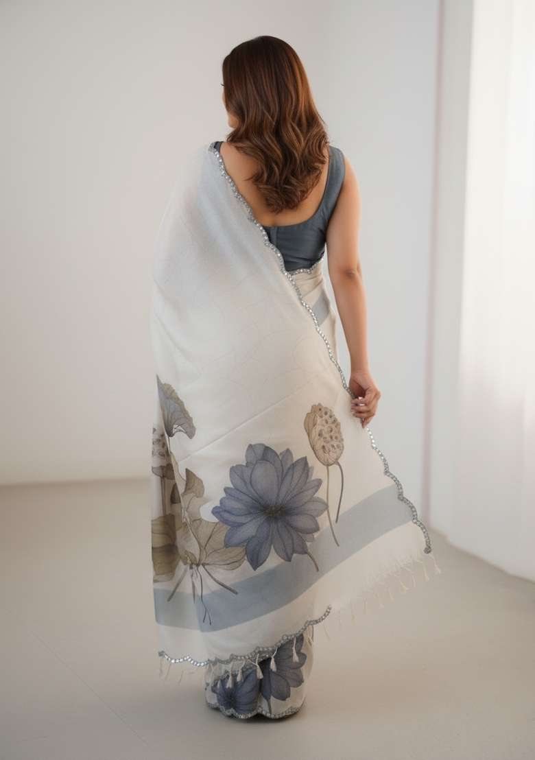 Multi Color Printed Chinon Saree Set - Indya