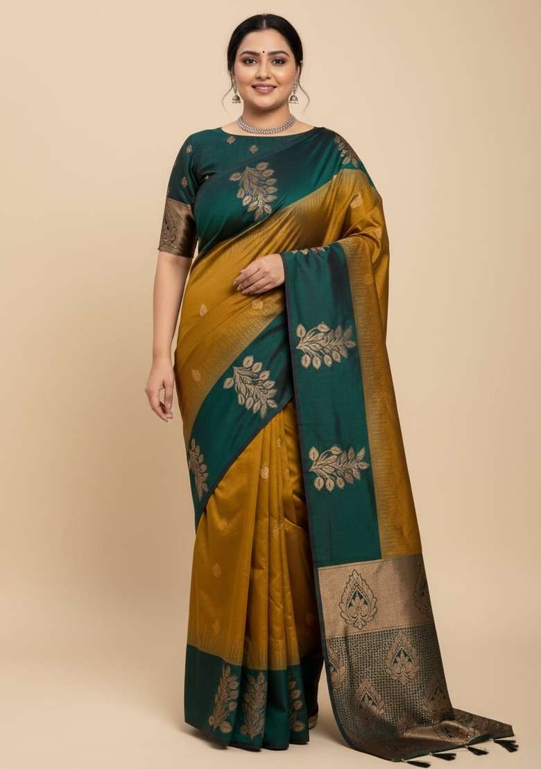 Mustard Motif Silk Blend Saree Set - Indya