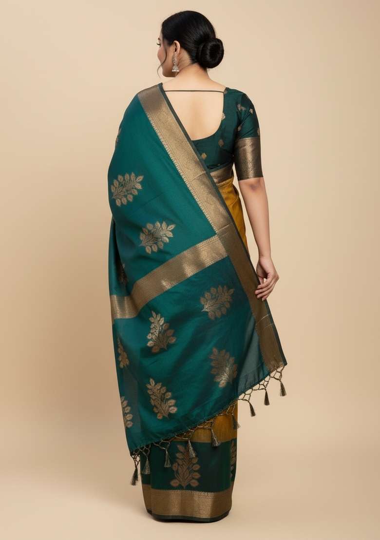 Mustard Motif Silk Blend Saree Set - Indya