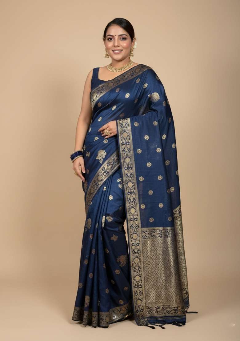Petrol Blue Motif Silk Blend Saree Set - Indya