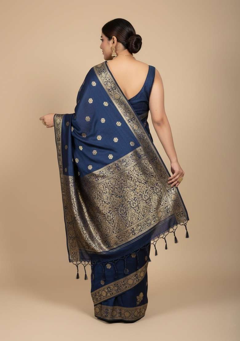 Petrol Blue Motif Silk Blend Saree Set - Indya