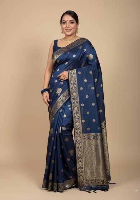 Petrol Blue Motif Silk Saree Set