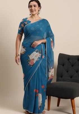Firozi Blue Printed Georgette Saree Set